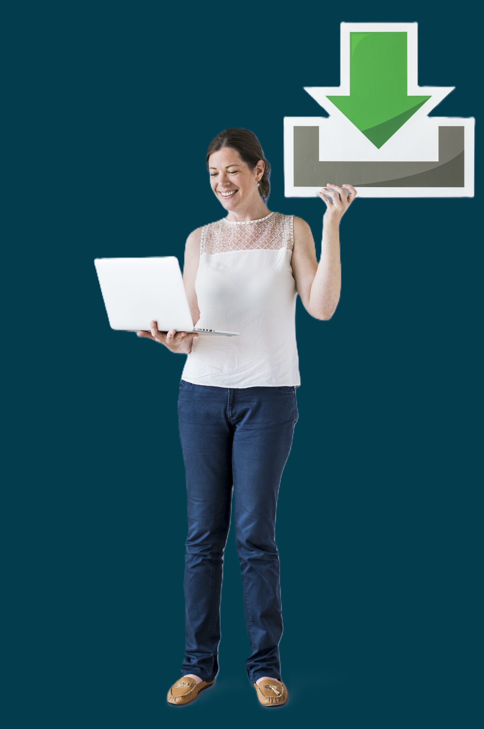 Woman holding a download icon and a laptop